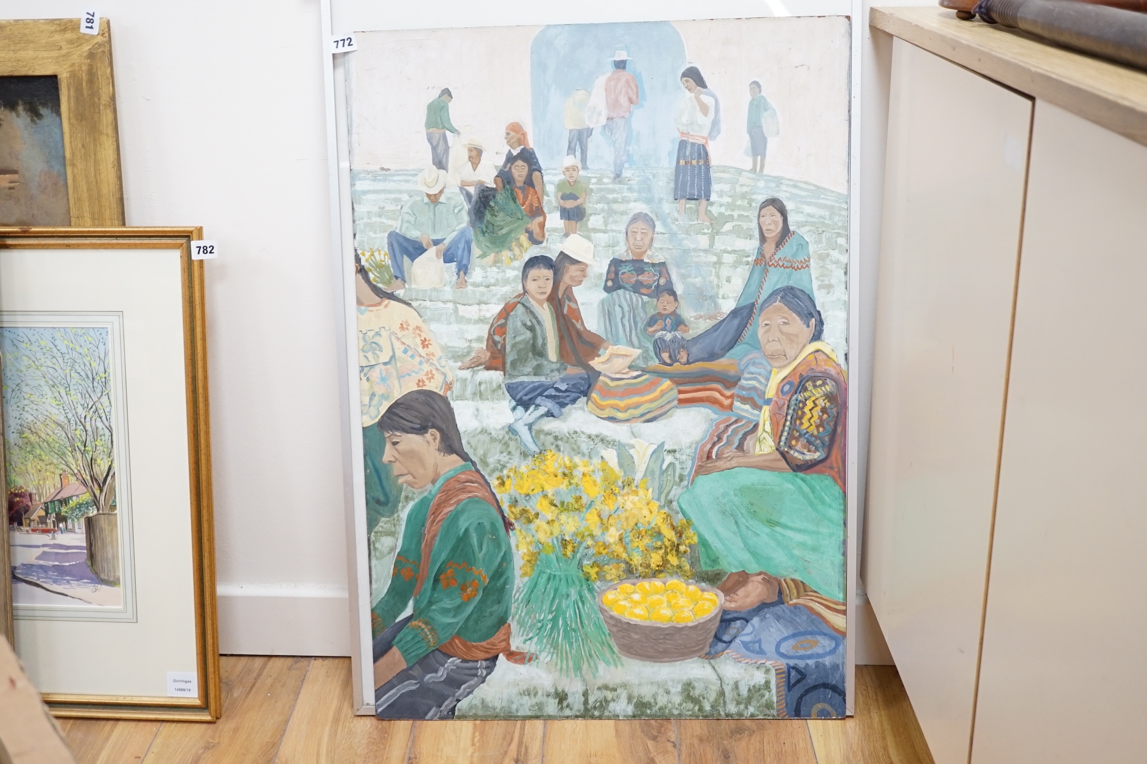 South American School, oil on board, Flower and fruit sellers seated on church steps, 83 x 57cm, unframed. Condition - poor